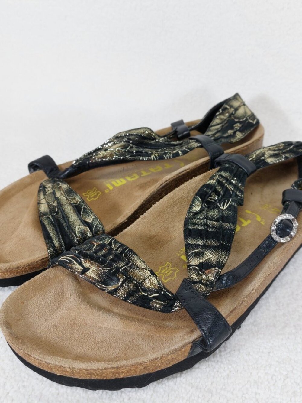 Birkenstock Tatami Sandals Sz 41 Narrow (10 US Women's) Black and Gold Floral